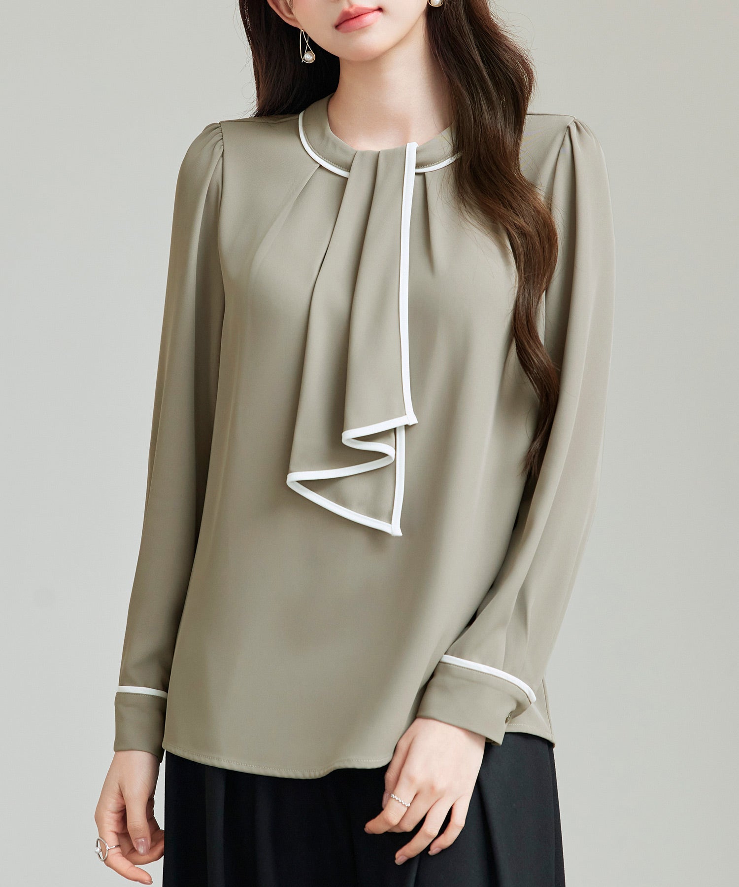 首元2wayボウタイ配色ブラウスsdp0328 カーキ