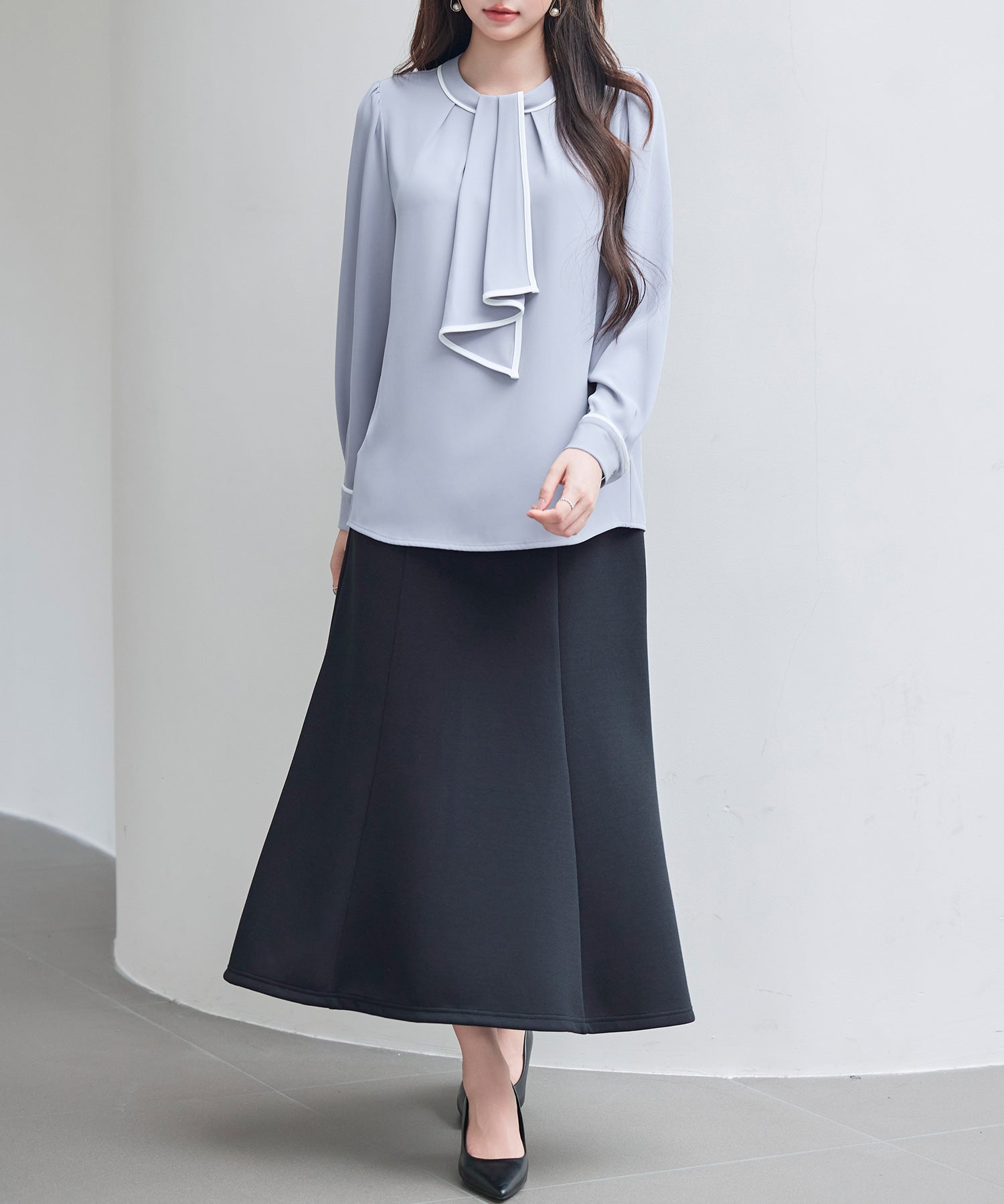 首元2wayボウタイ配色ブラウスsdp0328 ブルーグレー