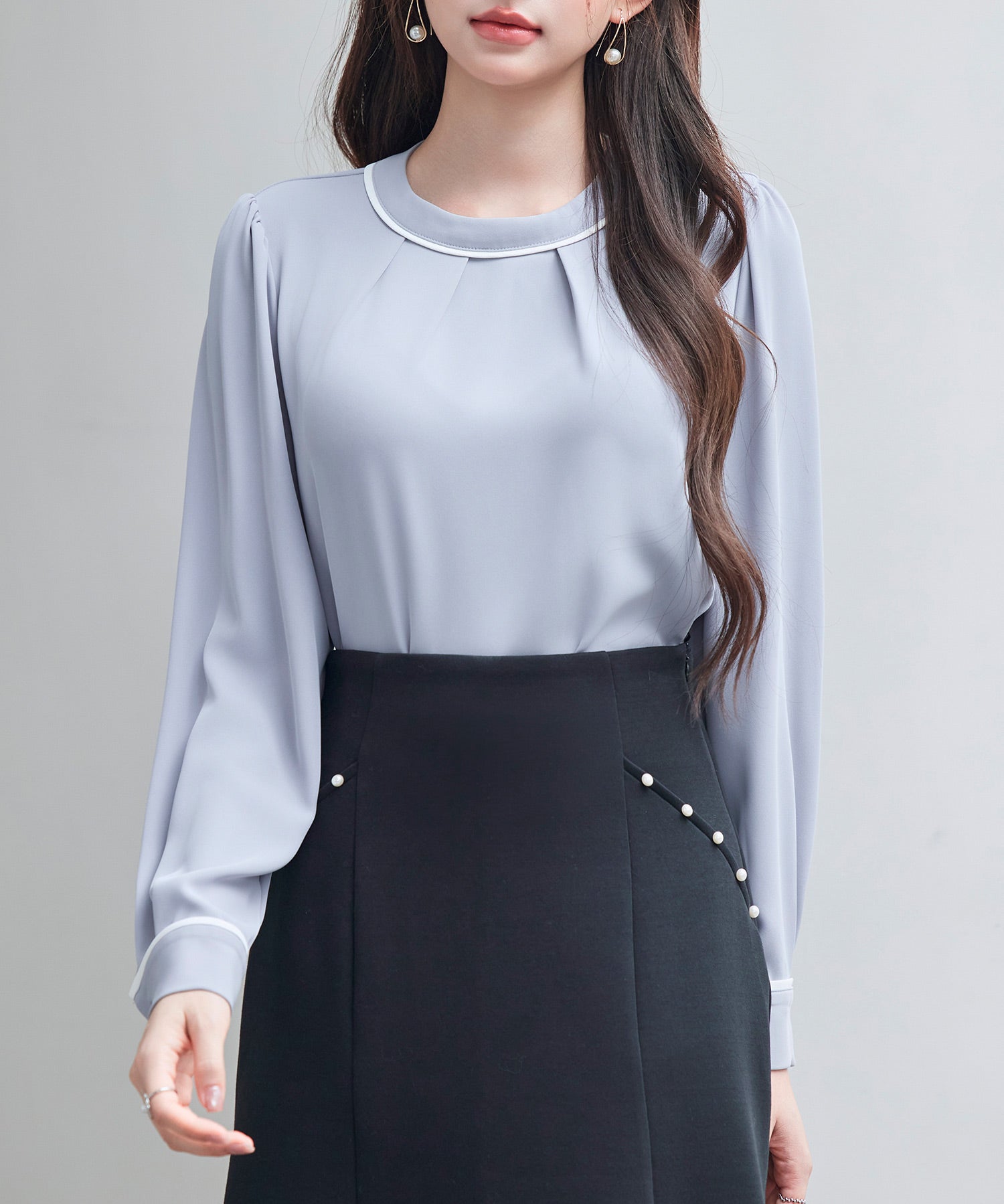 首元2wayボウタイ配色ブラウスsdp0328 ブルーグレー