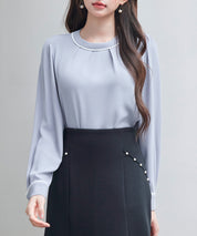 首元2wayボウタイ配色ブラウスsdp0328 ブルーグレー