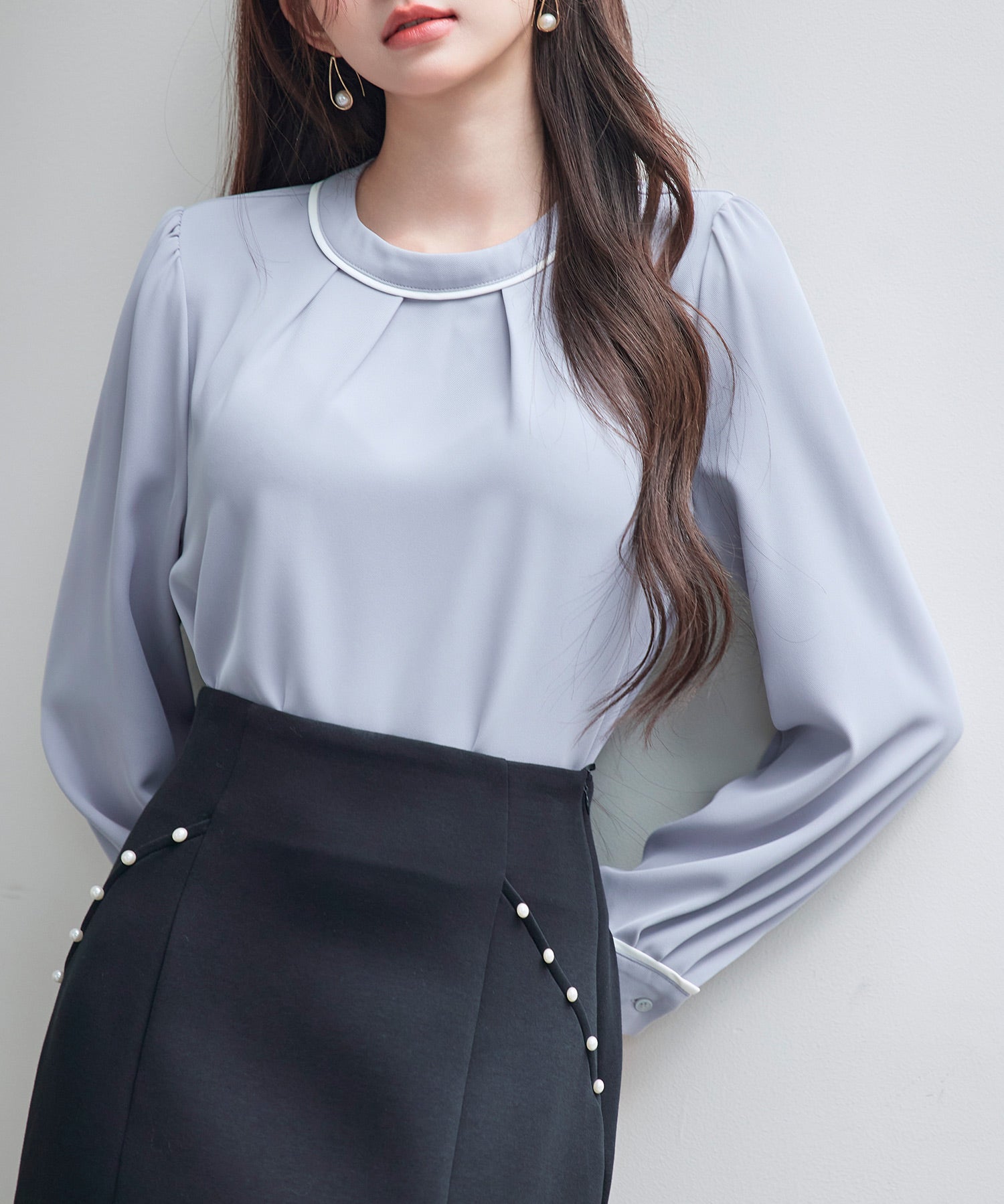 首元2wayボウタイ配色ブラウスsdp0328 ブルーグレー