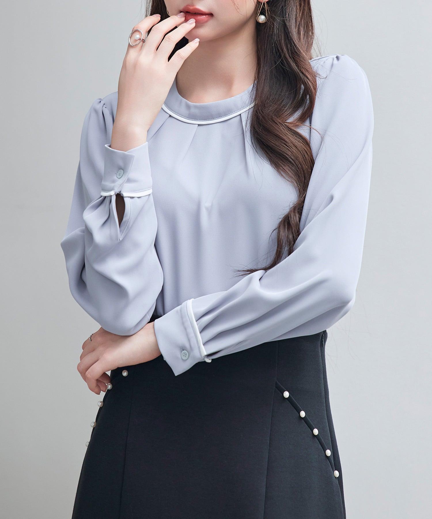 首元2wayボウタイ配色ブラウスsdp0328 ブルーグレー