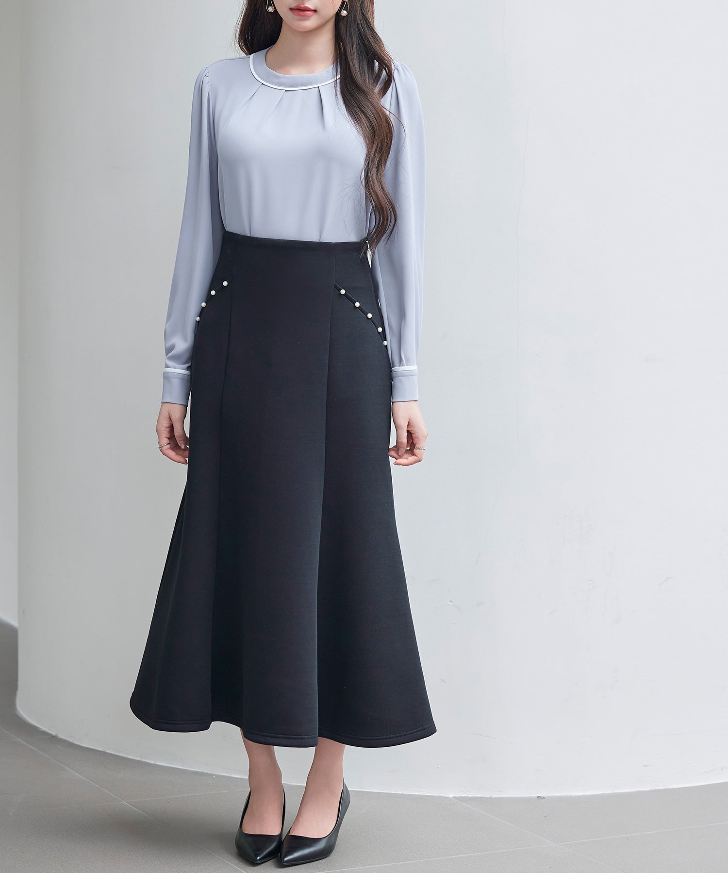 首元2wayボウタイ配色ブラウスsdp0328 ブルーグレー