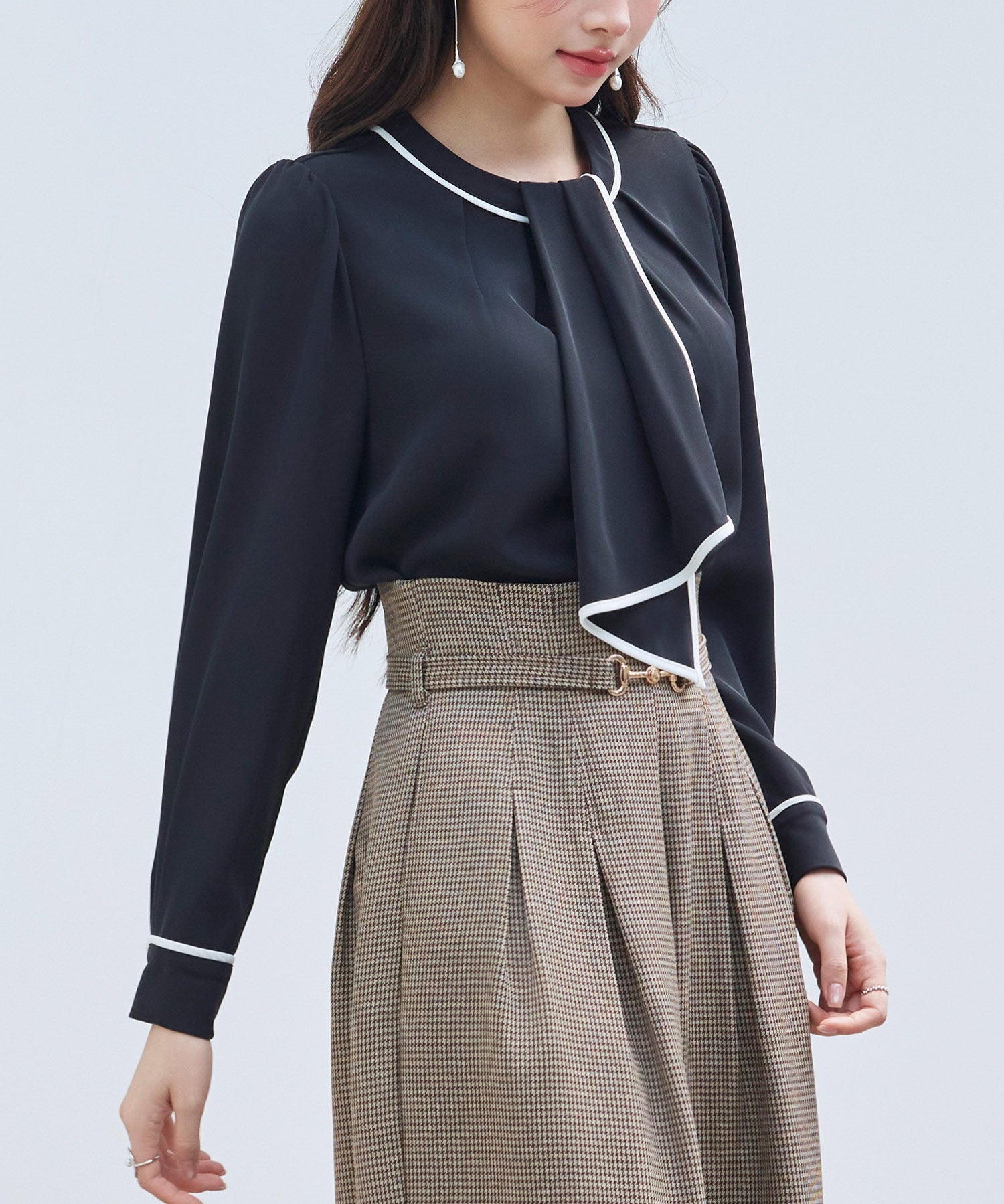 首元2wayボウタイ配色ブラウスsdp0328 ブラック