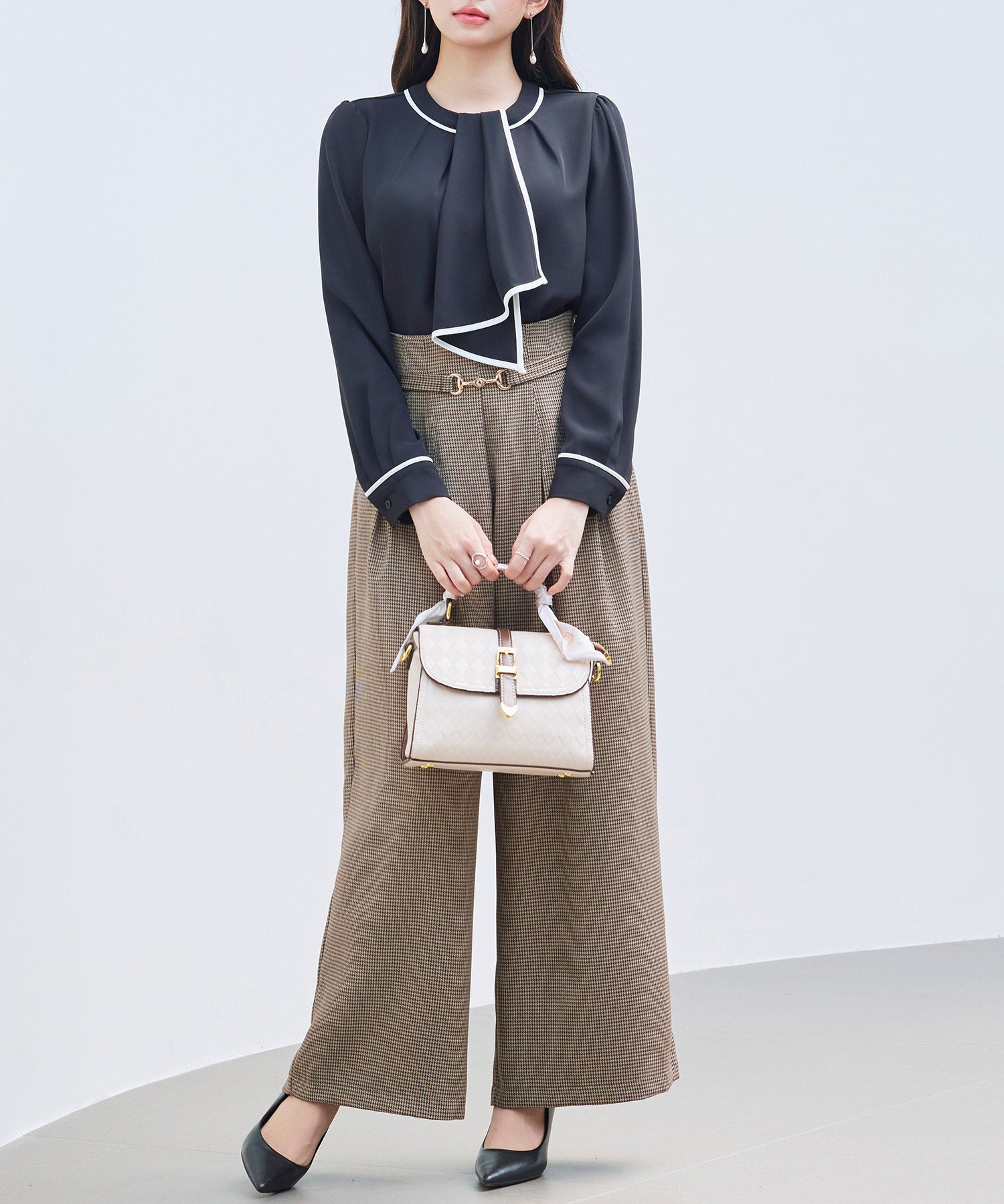 首元2wayボウタイ配色ブラウスsdp0328 ブラック