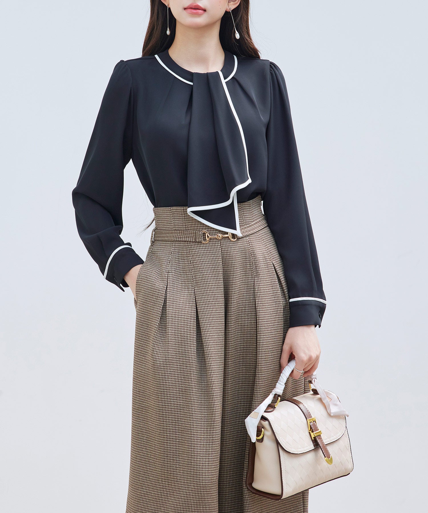 首元2wayボウタイ配色ブラウスsdp0328 ブラック