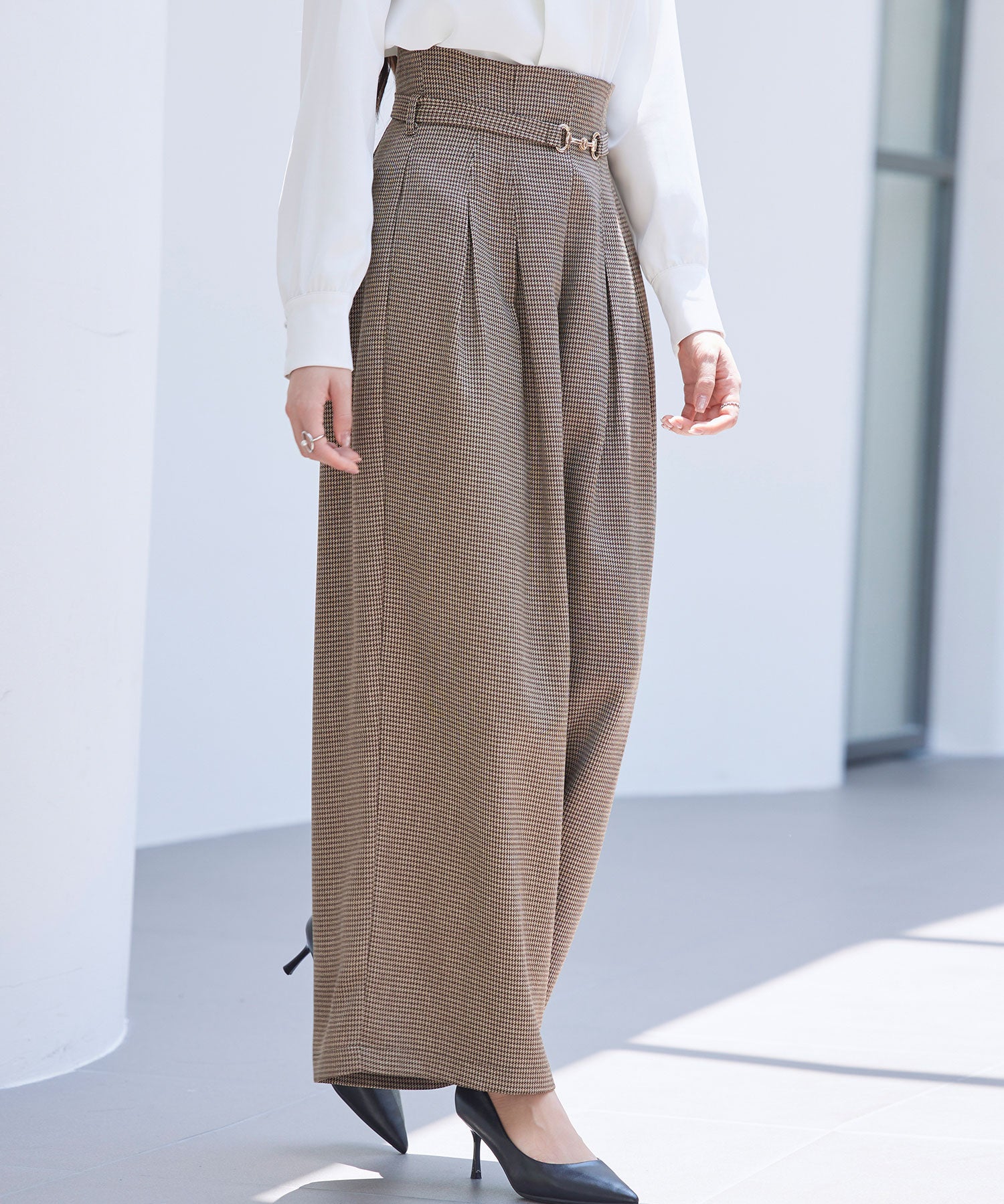 グレンチェックのハイウエストドカンパンツsdp0330 ブラウン