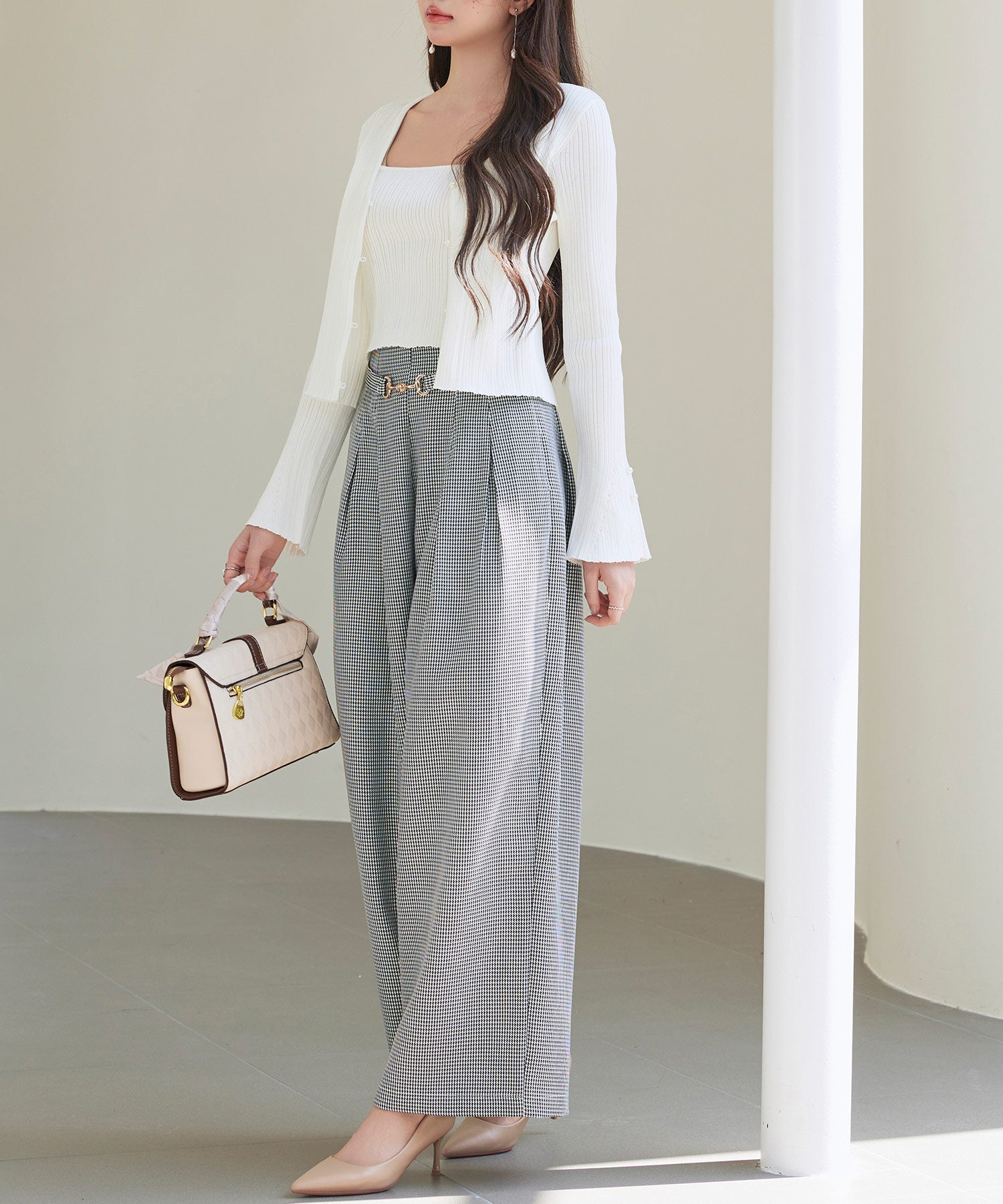 グレンチェックのハイウエストドカンパンツsdp0330 グレー