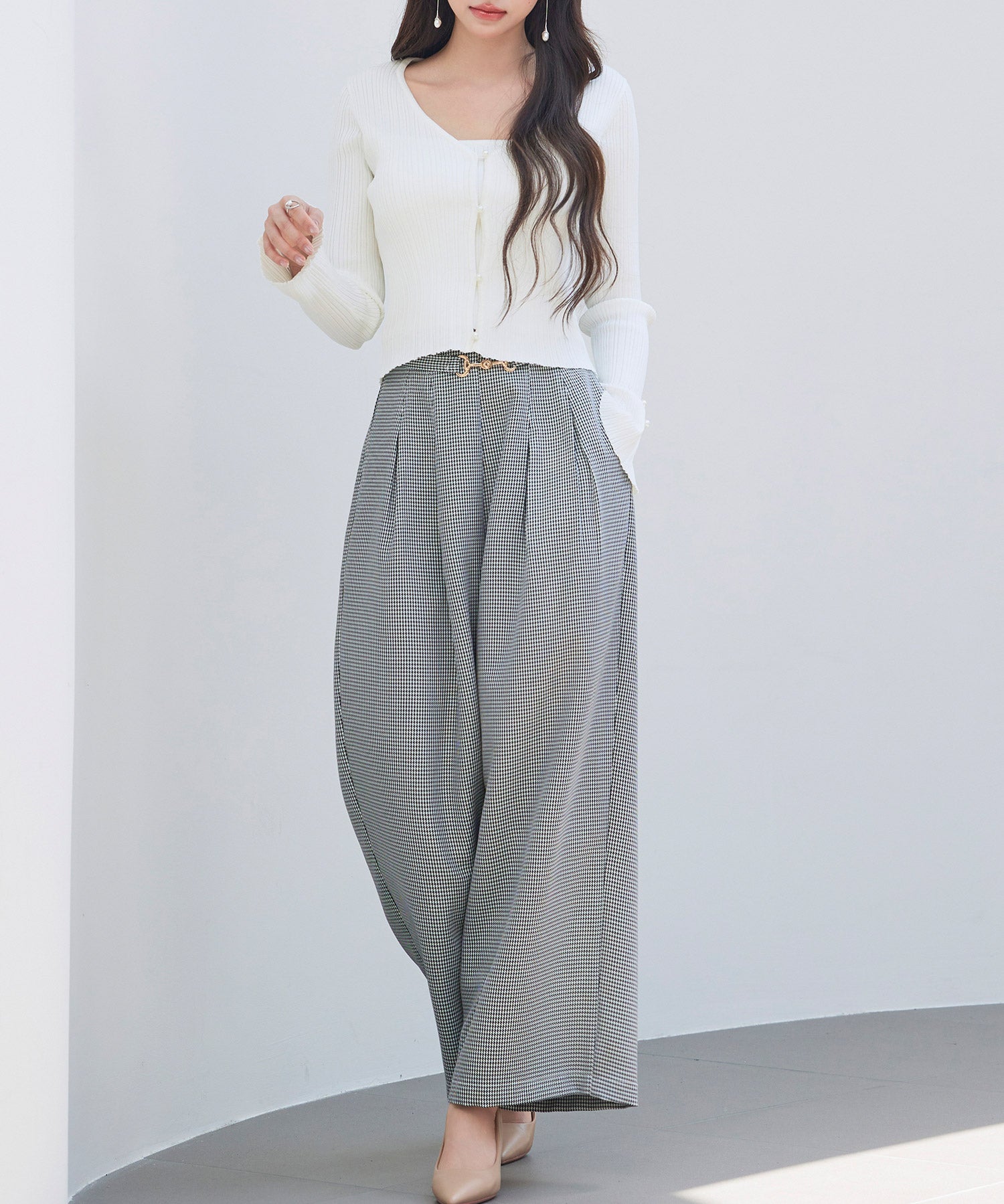 グレンチェックのハイウエストドカンパンツsdp0330 グレー