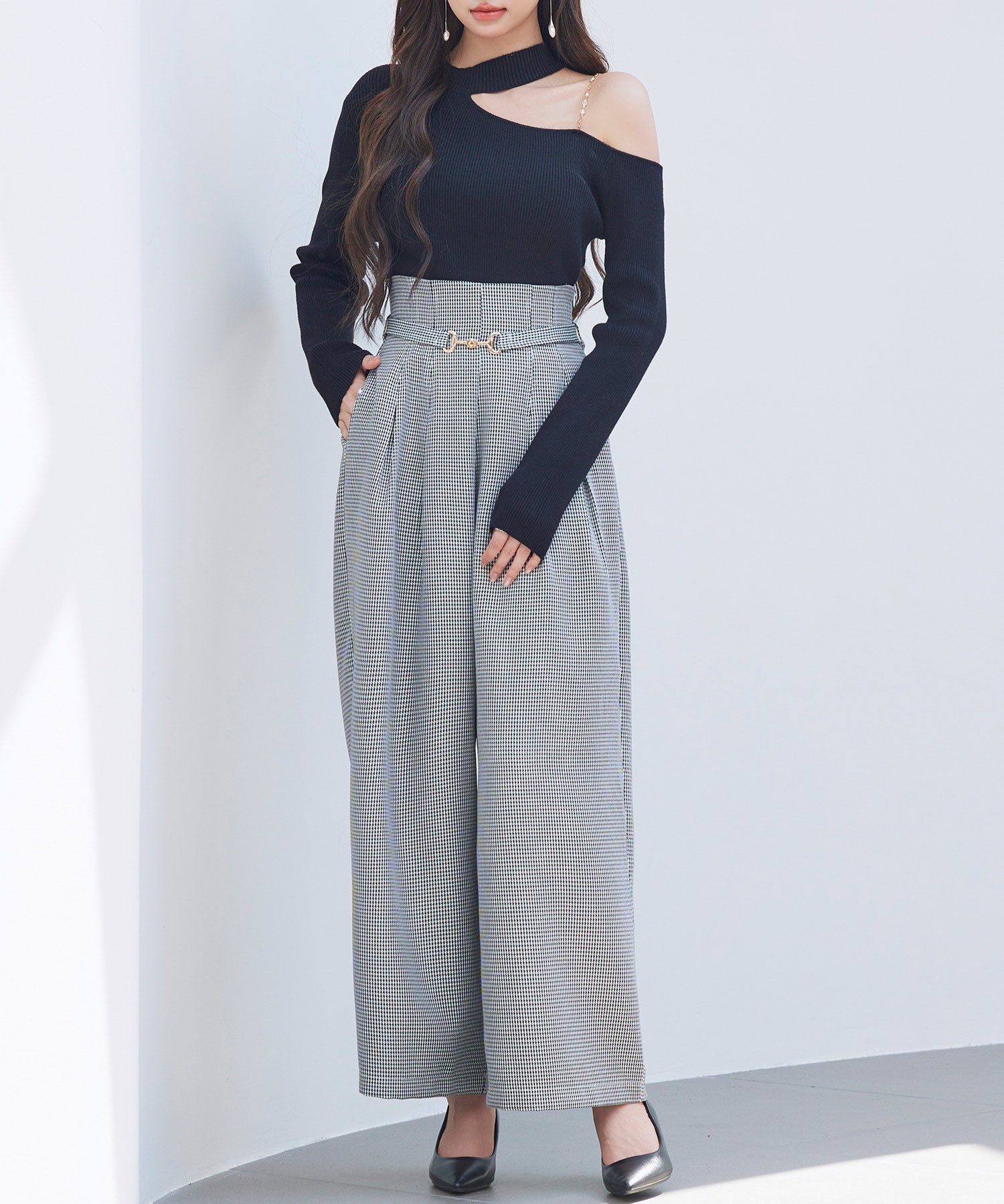 グレンチェックのハイウエストドカンパンツsdp0330 グレー