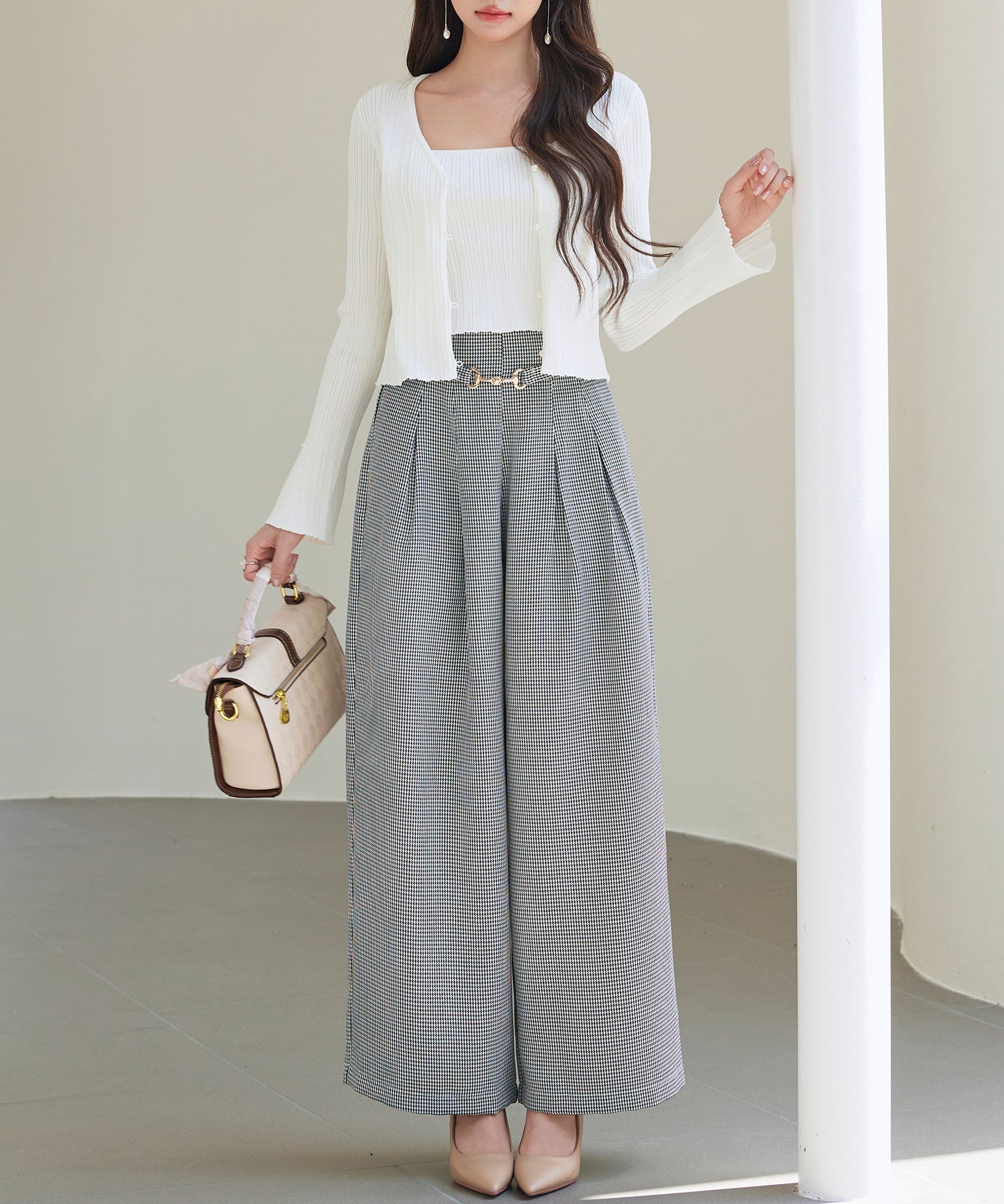 グレンチェックのハイウエストドカンパンツsdp0330 グレー