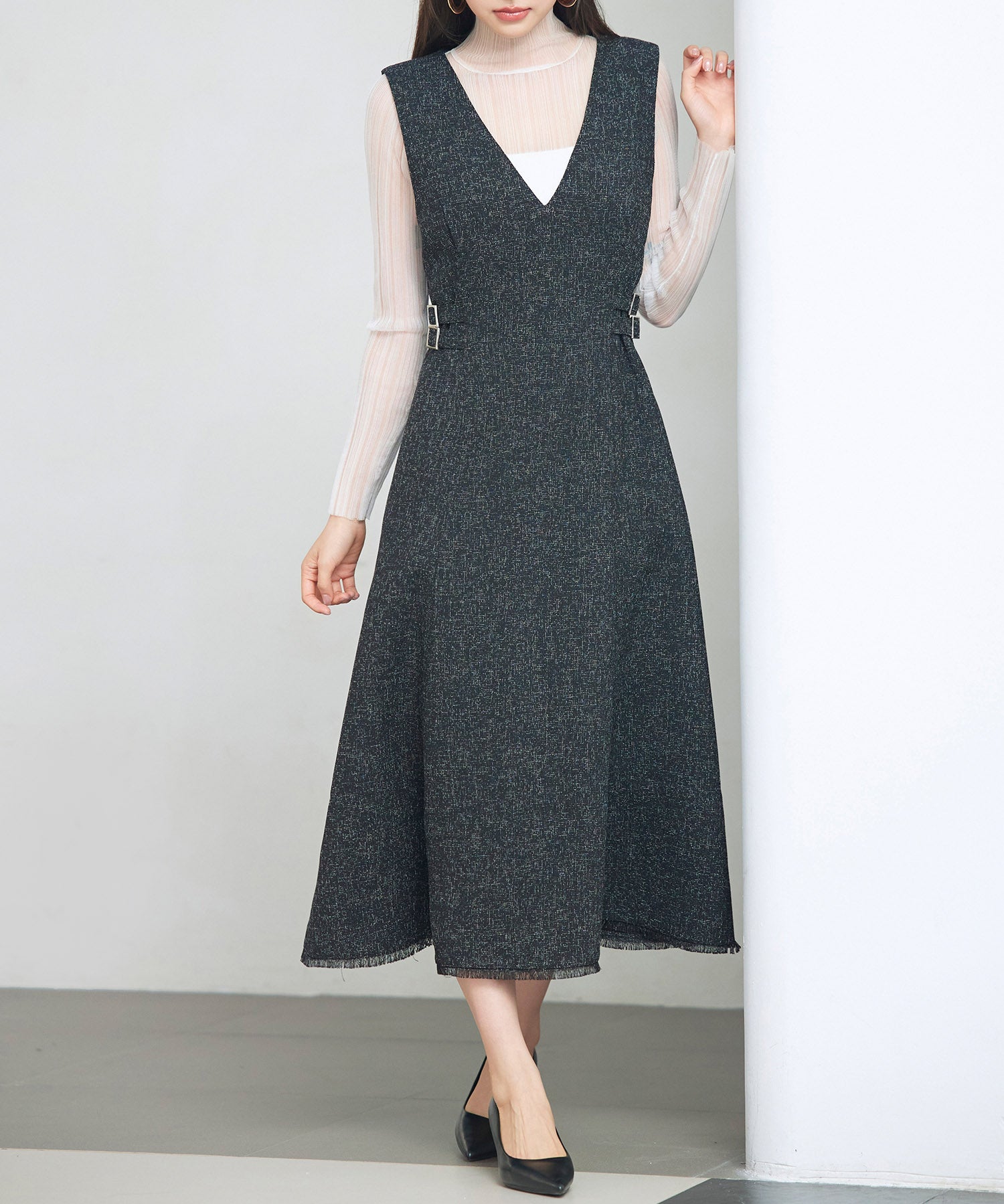 ノースリーブ Vネックワンピースsdp0332 ブラック