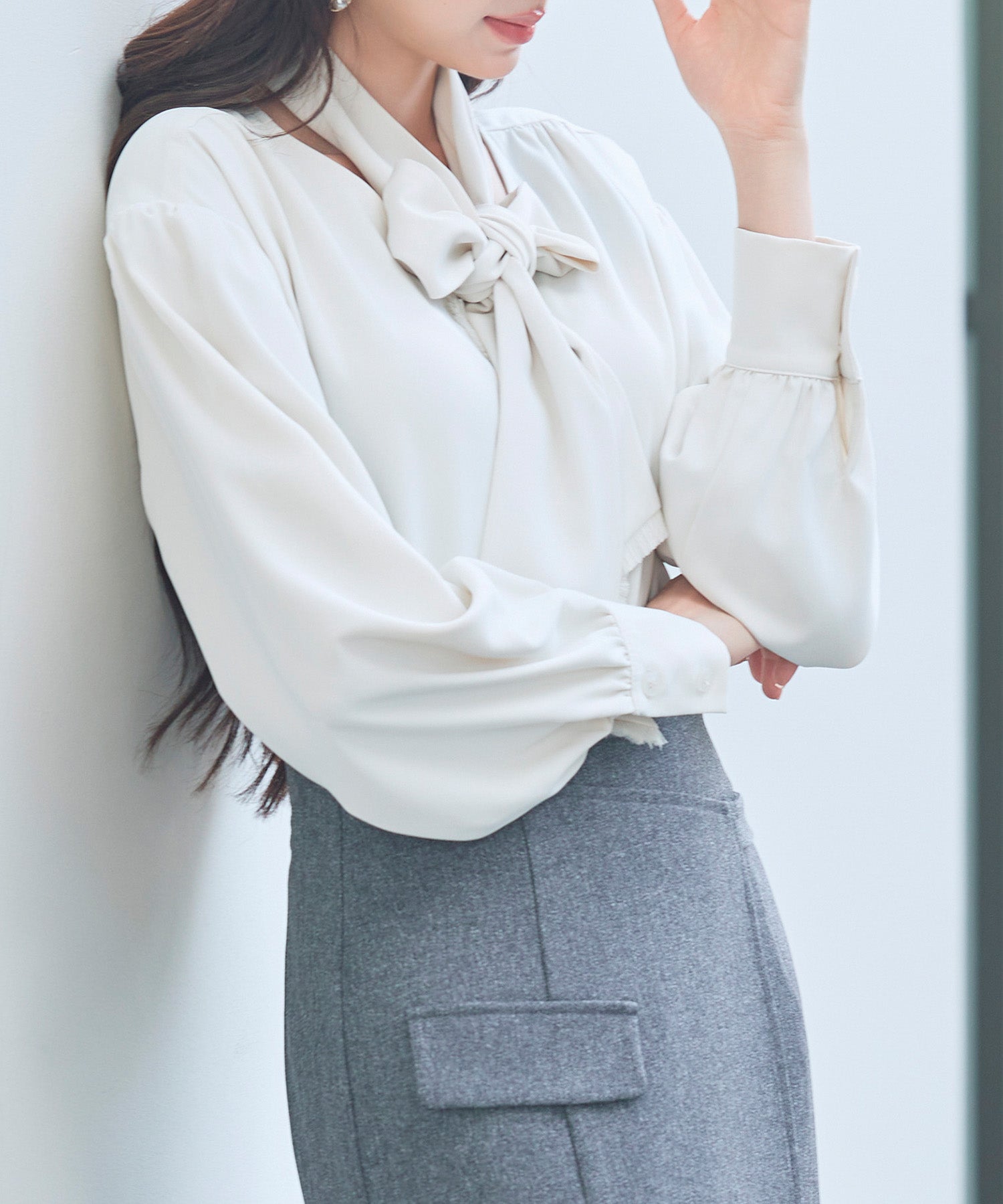 取り外し可能なボウタイリボンフリンジブラウスsdp0334 アイボリー