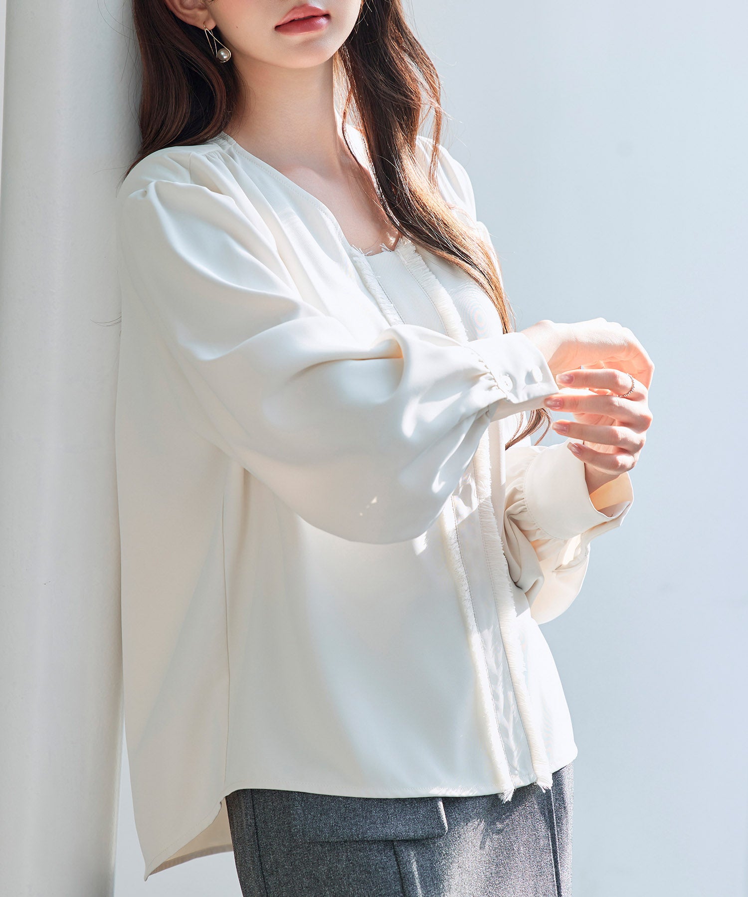 取り外し可能なボウタイリボンフリンジブラウスsdp0334 アイボリー