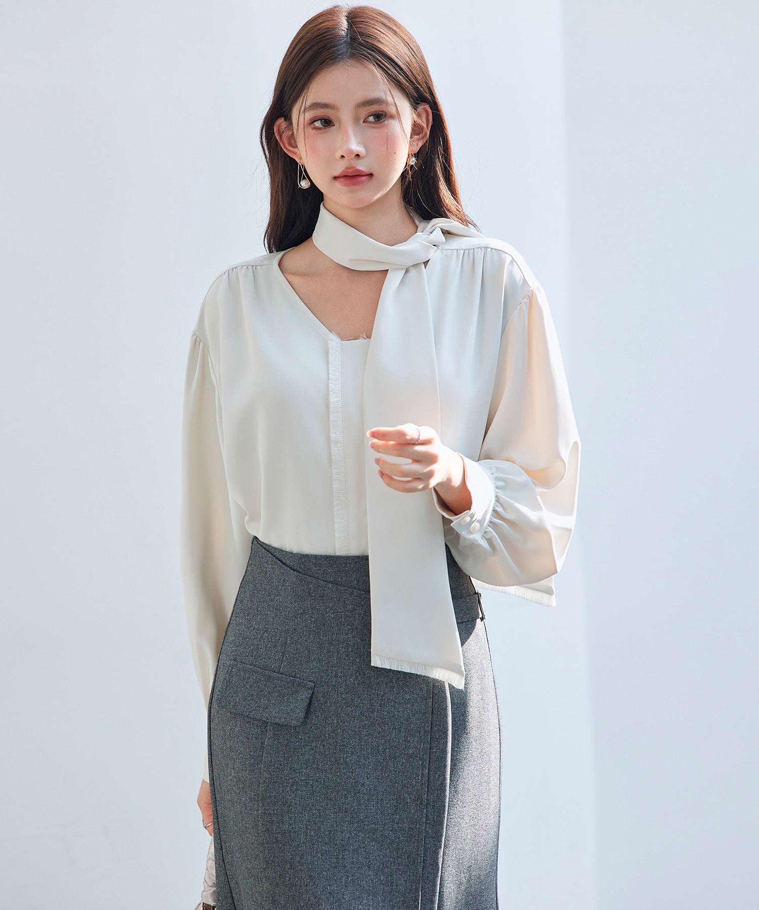 取り外し可能なボウタイリボンフリンジブラウスsdp0334 アイボリー