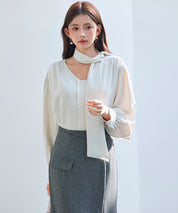 取り外し可能なボウタイリボンフリンジブラウスsdp0334 アイボリー