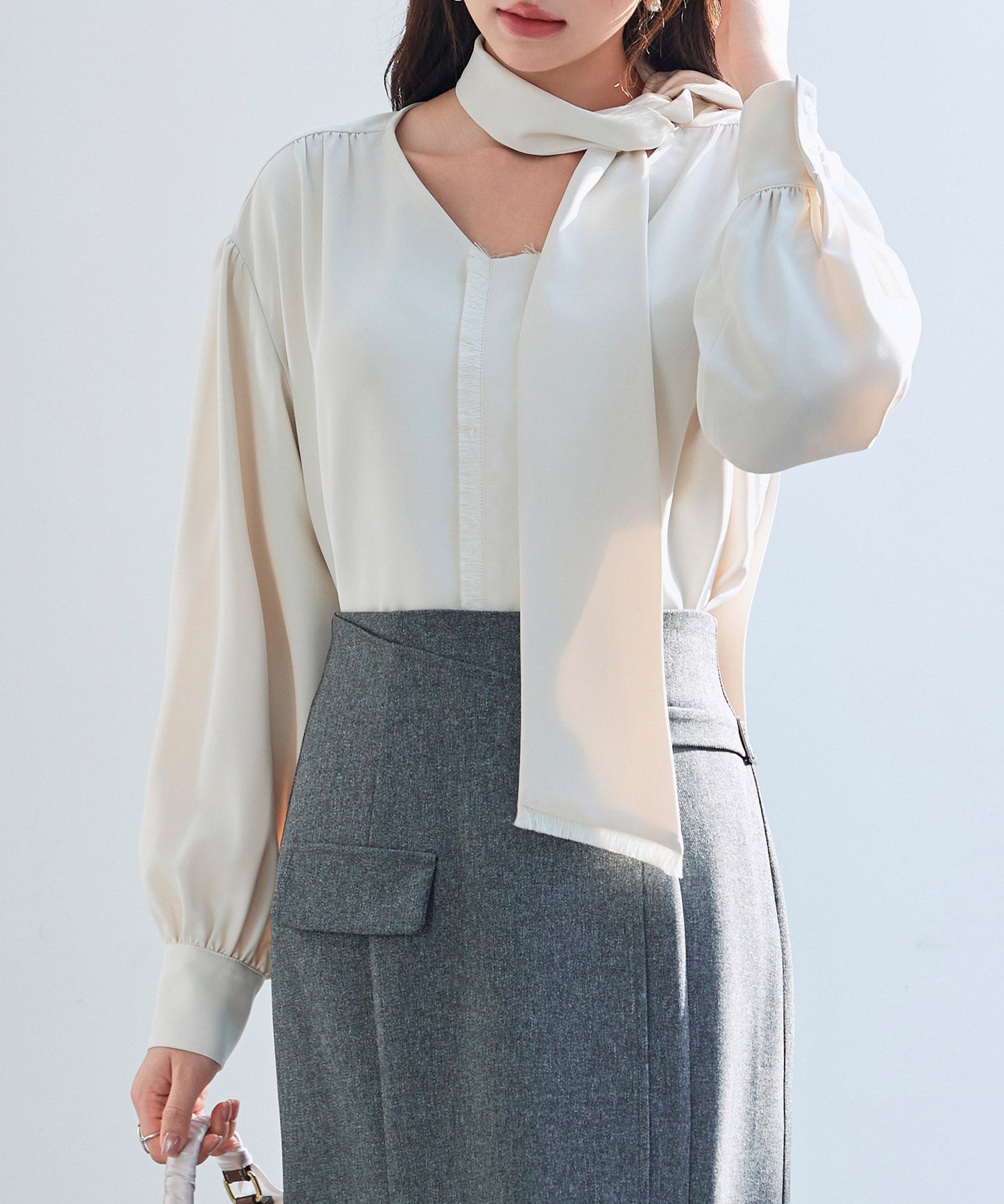 取り外し可能なボウタイリボンフリンジブラウスsdp0334 アイボリー