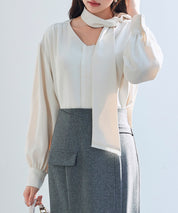 取り外し可能なボウタイリボンフリンジブラウスsdp0334 アイボリー