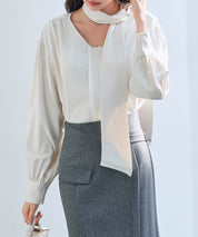 取り外し可能なボウタイリボンフリンジブラウスsdp0334 アイボリー