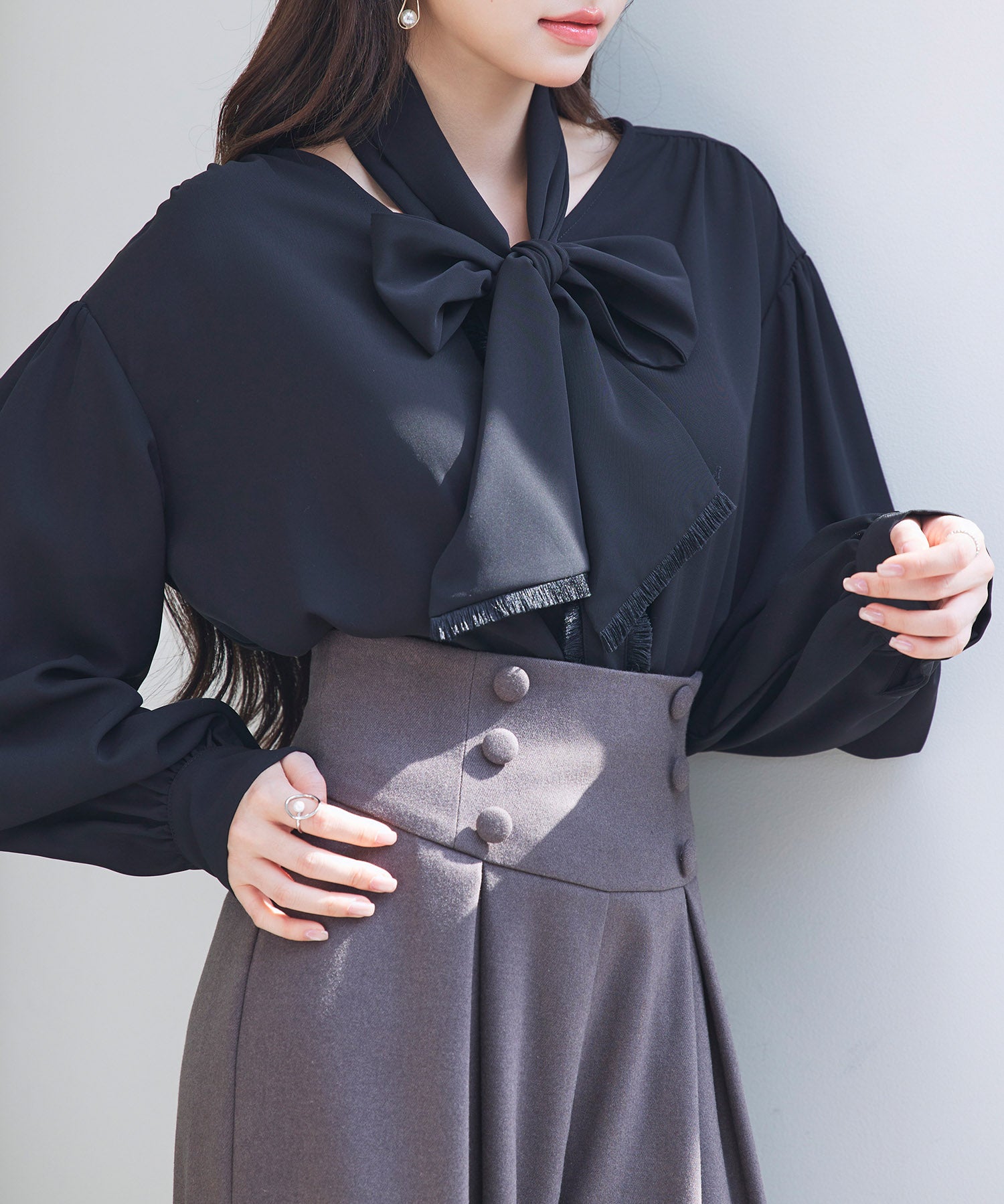 取り外し可能なボウタイリボンフリンジブラウスsdp0334 ブラック