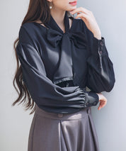 取り外し可能なボウタイリボンフリンジブラウスsdp0334 ブラック