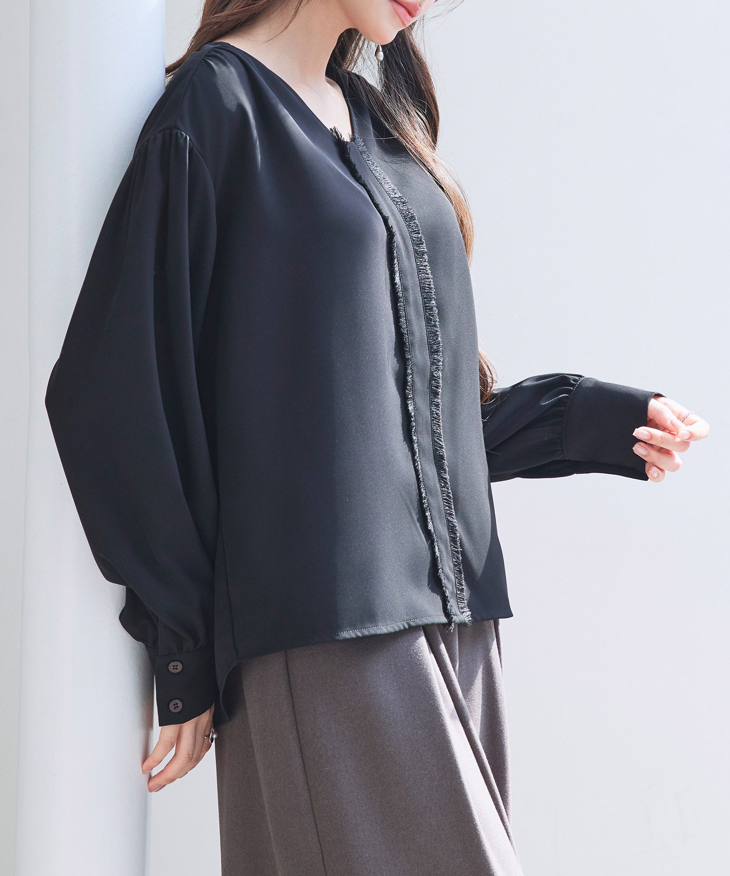 取り外し可能なボウタイリボンフリンジブラウスsdp0334 ブラック