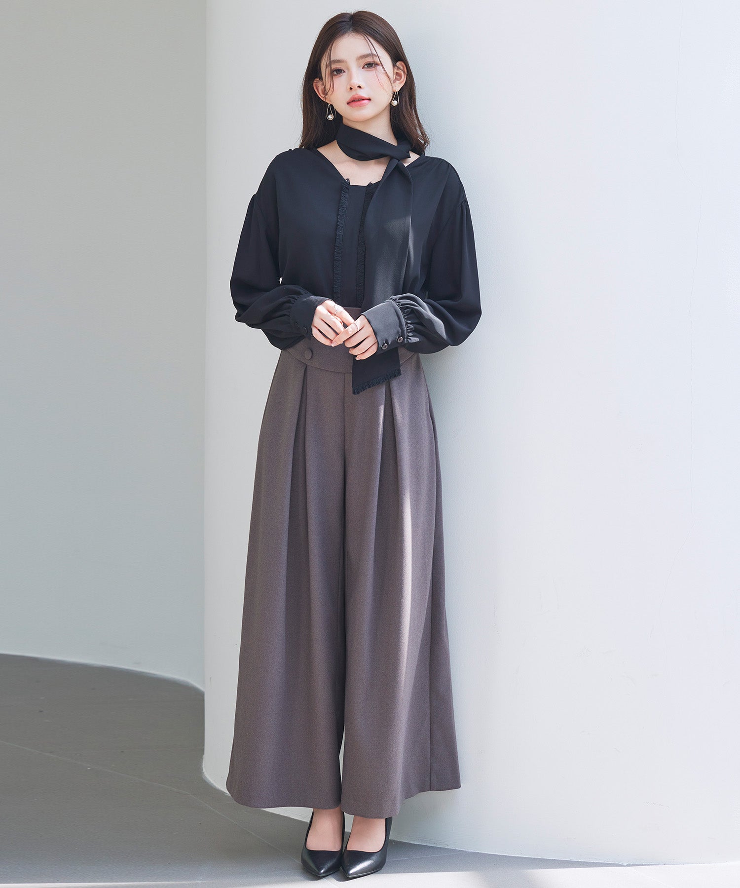 取り外し可能なボウタイリボンフリンジブラウスsdp0334 ブラック