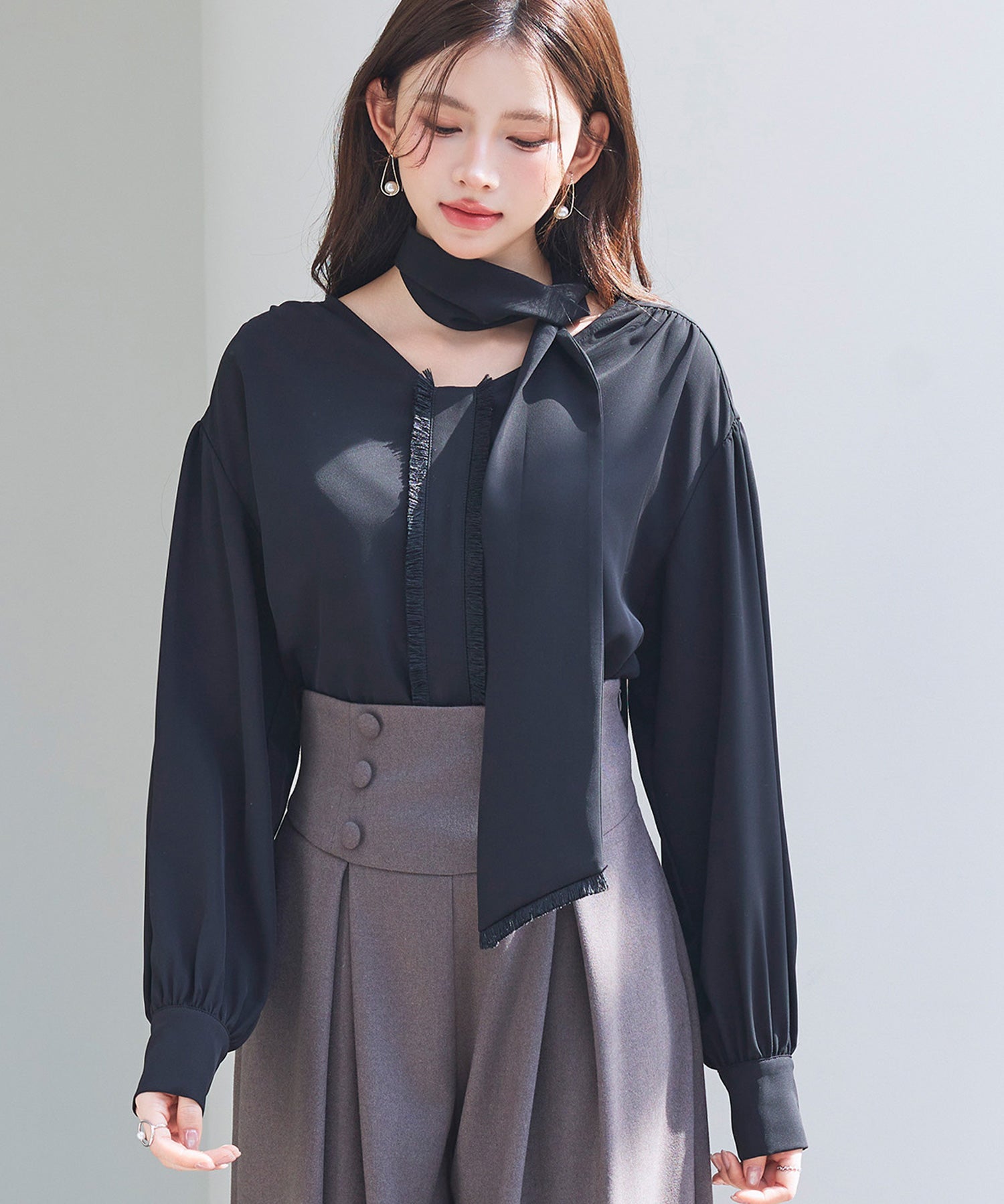 取り外し可能なボウタイリボンフリンジブラウスsdp0334 ブラック