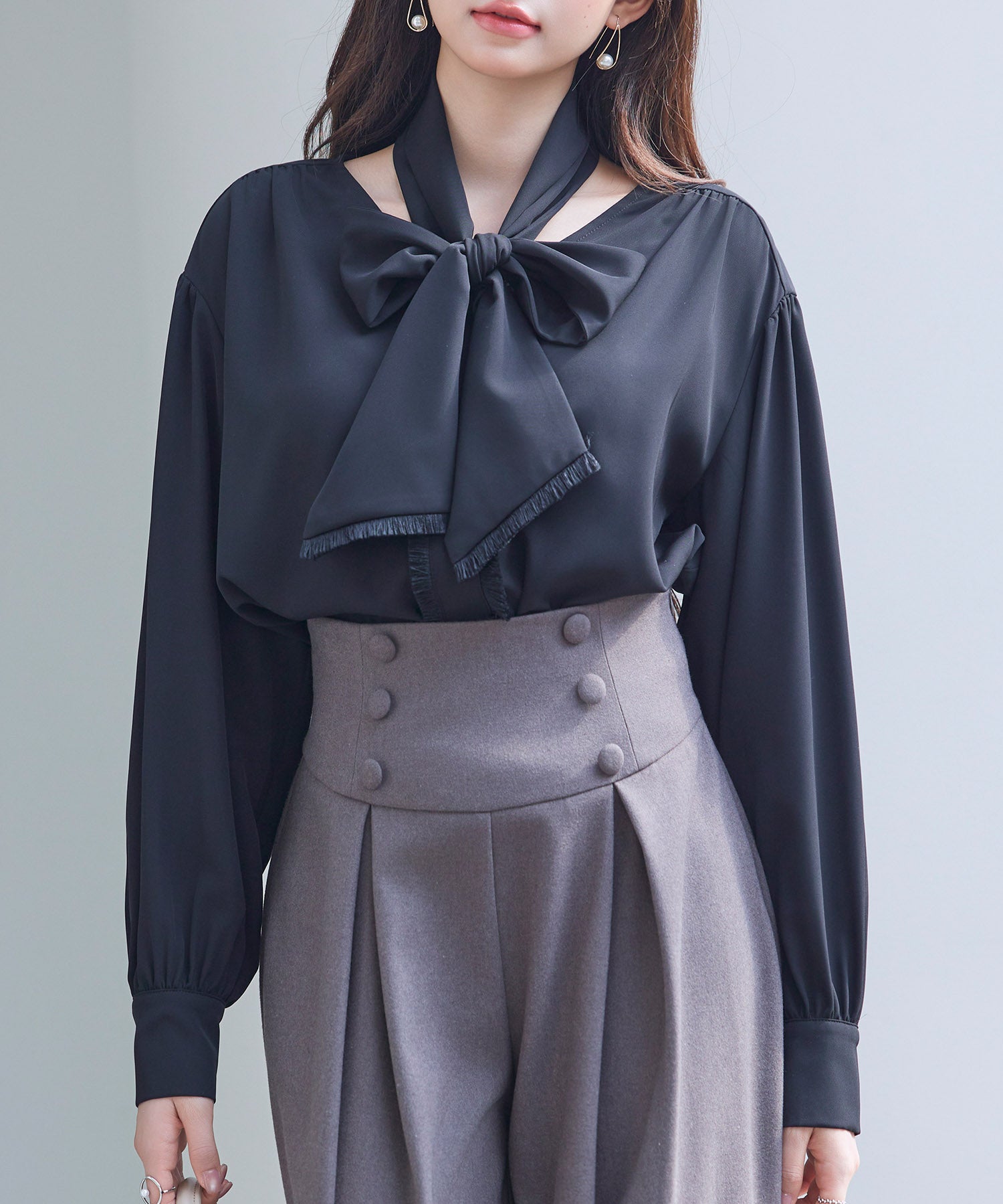 取り外し可能なボウタイリボンフリンジブラウスsdp0334 ブラック