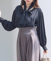 取り外し可能なボウタイリボンフリンジブラウスsdp0334 ブラック