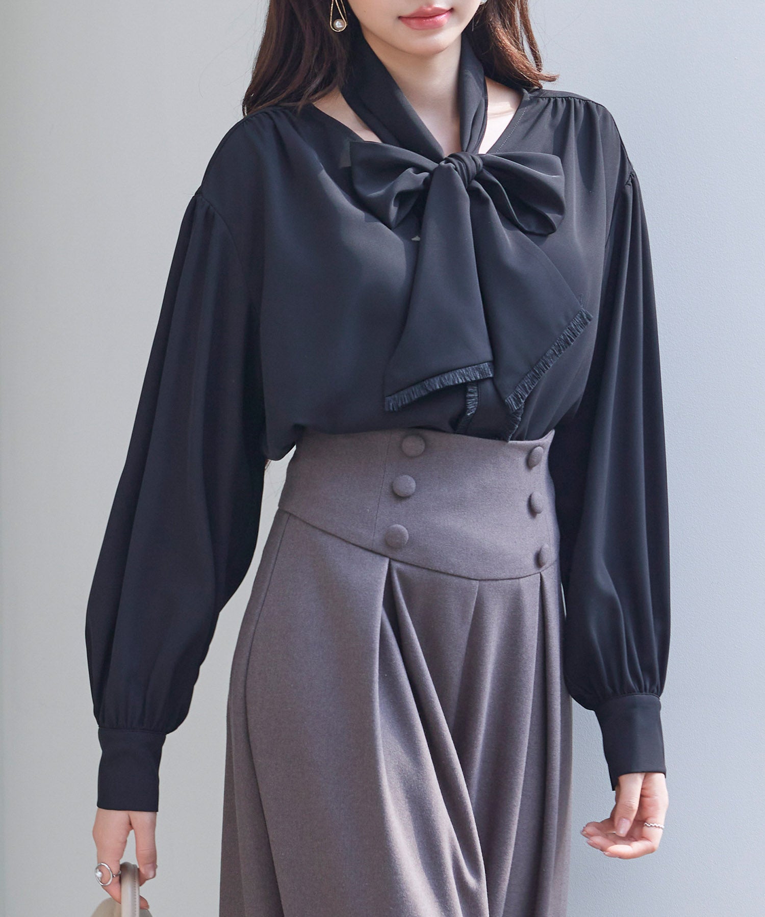 取り外し可能なボウタイリボンフリンジブラウスsdp0334 ブラック