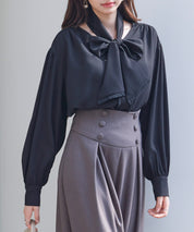 取り外し可能なボウタイリボンフリンジブラウスsdp0334 ブラック