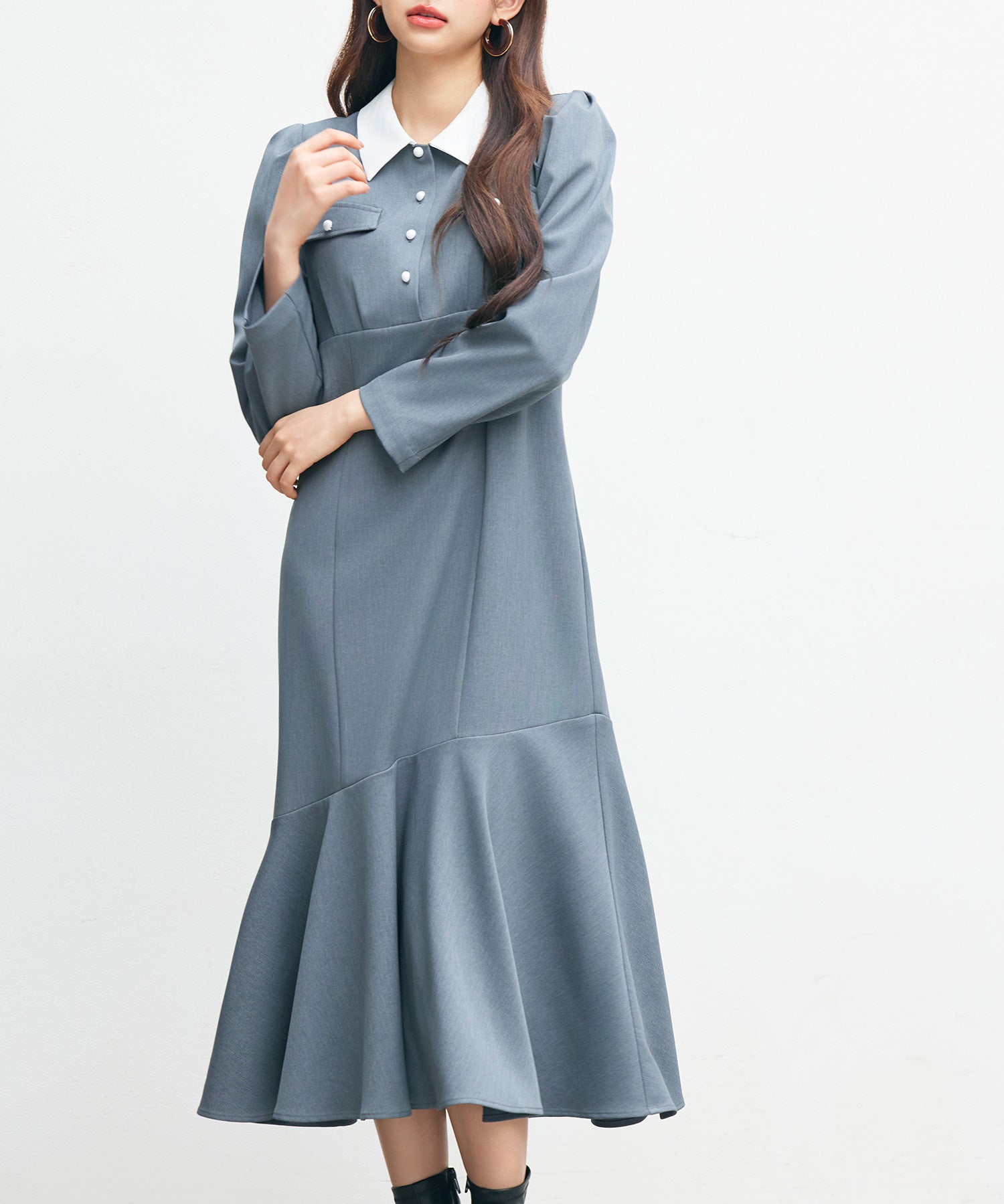 ドッキングイートンカラーのマーメイドロングワンピースsdp0335 チャコール