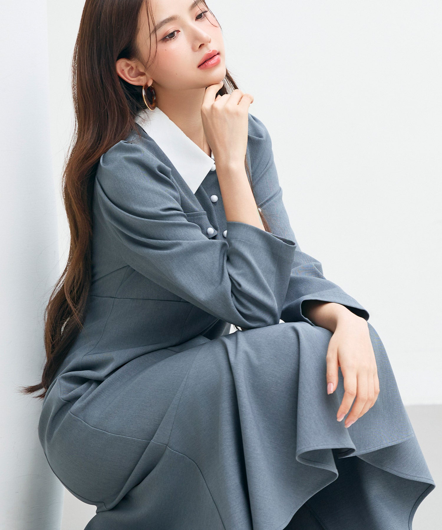 ドッキングイートンカラーのマーメイドロングワンピースsdp0335 チャコール