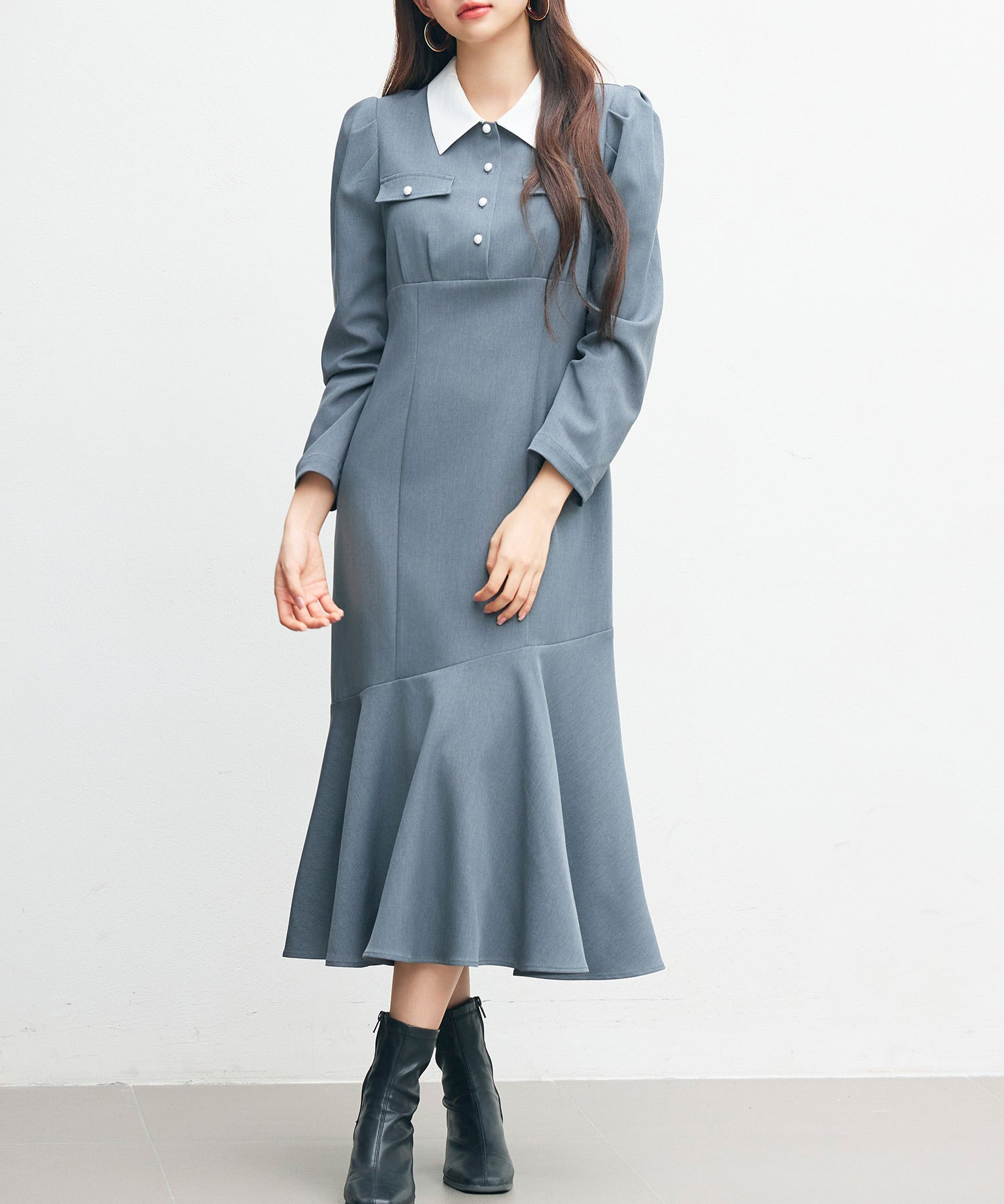 ドッキングイートンカラーのマーメイドロングワンピースsdp0335 チャコール