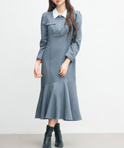 ドッキングイートンカラーのマーメイドロングワンピースsdp0335 チャコール