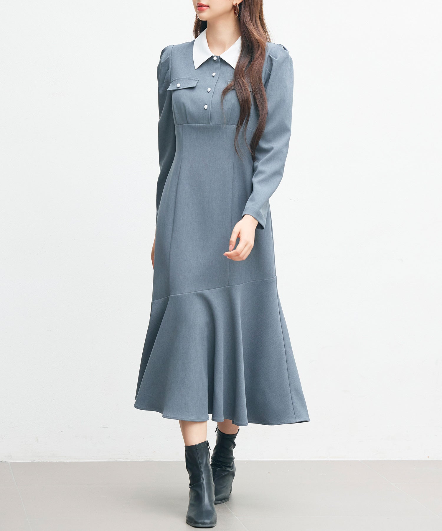 ドッキングイートンカラーのマーメイドロングワンピースsdp0335 チャコール