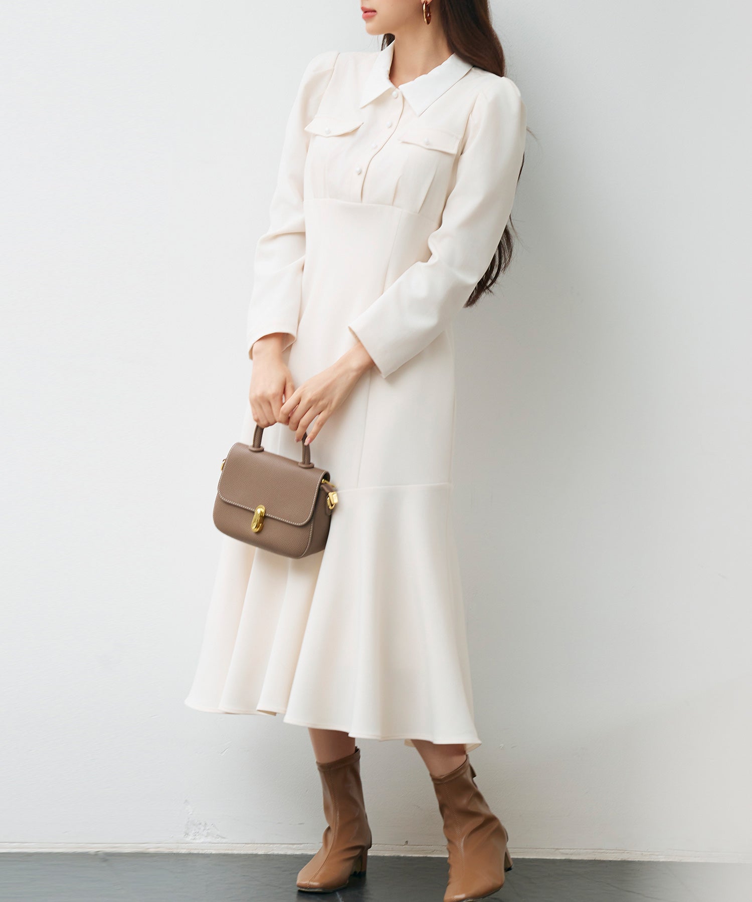 ドッキングイートンカラーのマーメイドロングワンピースsdp0335 アイボリー