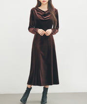 ドレープドネックのベロアワンピースsdp0337 チョコ