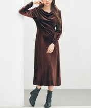 ドレープドネックのベロアワンピースsdp0337 チョコ