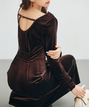 ドレープドネックのベロアワンピースsdp0337 チョコ