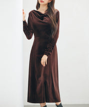 ドレープドネックのベロアワンピースsdp0337 チョコ