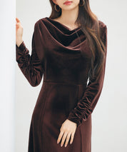 ドレープドネックのベロアワンピースsdp0337 チョコ