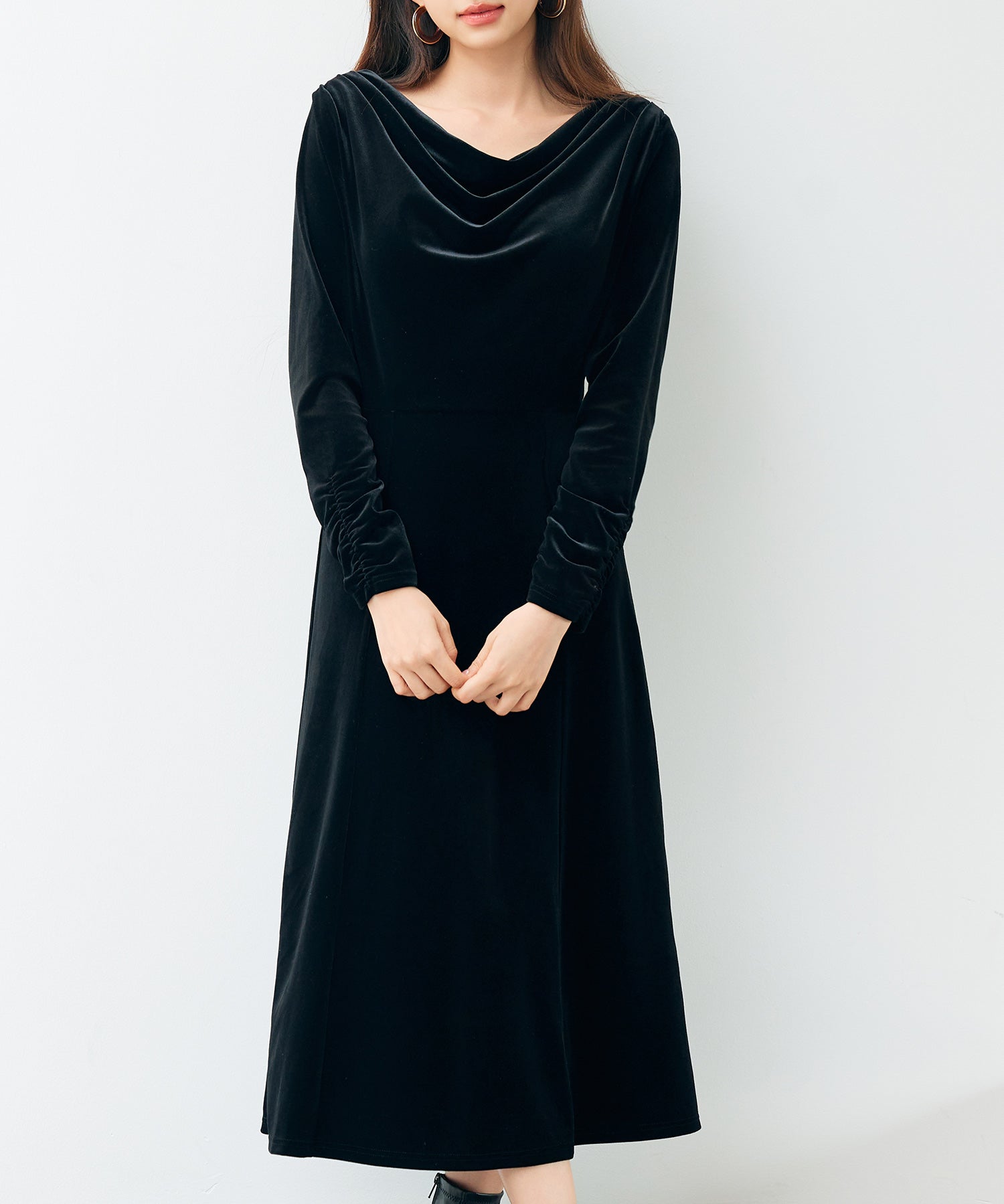 ドレープドネックのベロアワンピースsdp0337 ブラック