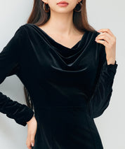 ドレープドネックのベロアワンピースsdp0337 ブラック