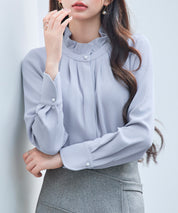 ギャザーたっぷりのフェミニンなバルカンブラウスsdp0338 ブルーグレー