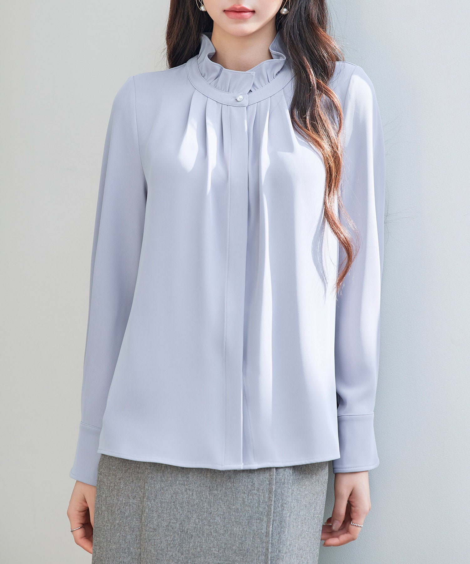 ギャザーたっぷりのフェミニンなバルカンブラウスsdp0338 ブルーグレー