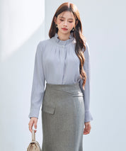 ギャザーたっぷりのフェミニンなバルカンブラウスsdp0338 ブルーグレー