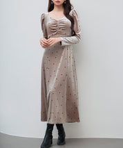 ドットプリントベロアロングワンピースsdp0340 ベージュ