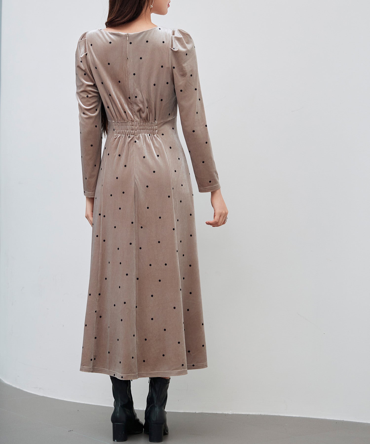 ドットプリントベロアロングワンピースsdp0340 ベージュ